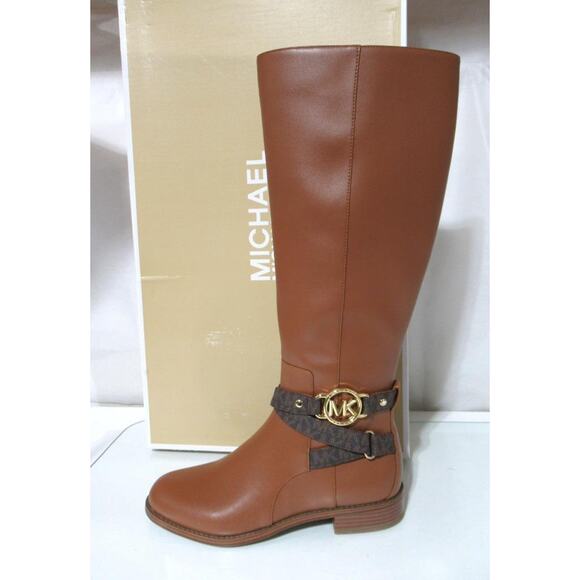 Michael Kors Rory Knee High Riding Boots MK Logo Embossed Strap Luggage Size 7 - Picture 3 of 12